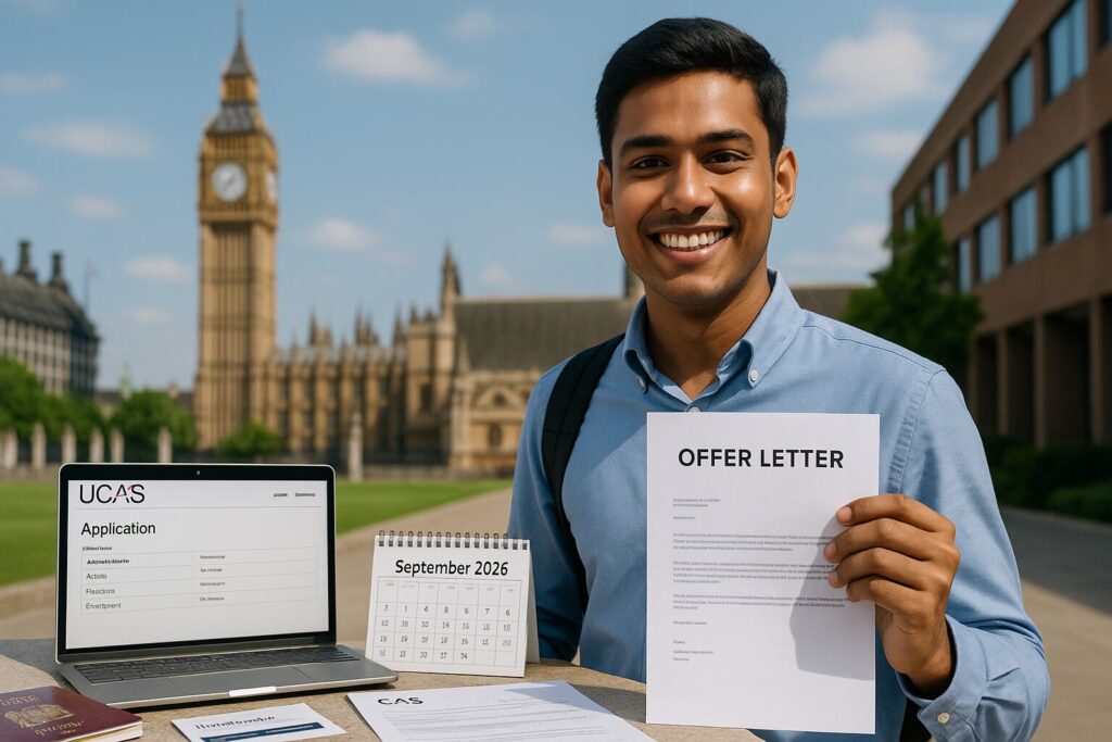 Bangladeshi student on UK university campus holding offer letter, laptop showing UCAS application, Big Ben skyline in background, symbolizing UK September 2026 intake success