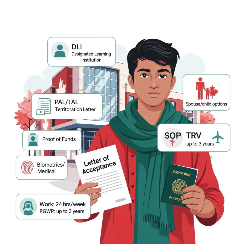 Bangladeshi student outside a Canadian campus holding a Letter of Acceptance and passport, with icons for DLI, PALTAL, proof of funds, SOP, biometrics, TRV, 24-hoursweek work, and PGWP up to 3 years..
