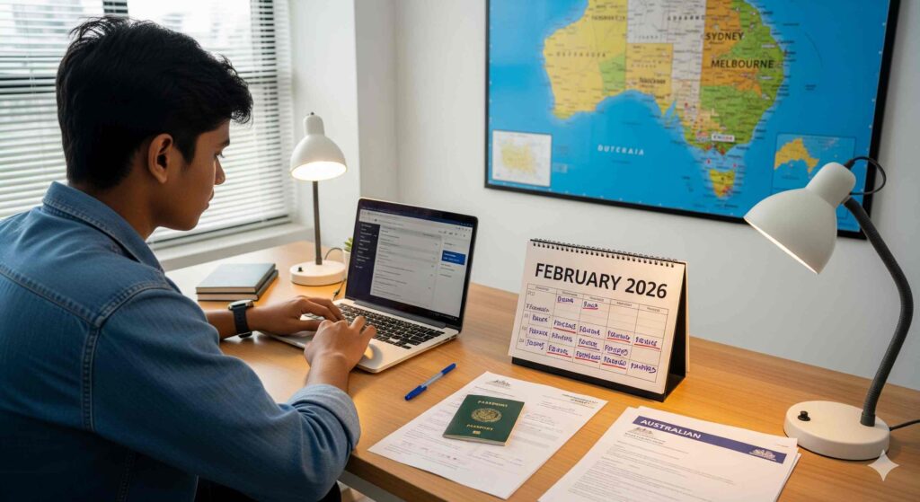 Bangladeshi student planning Australia intake with offer letter, passport, and deadlines