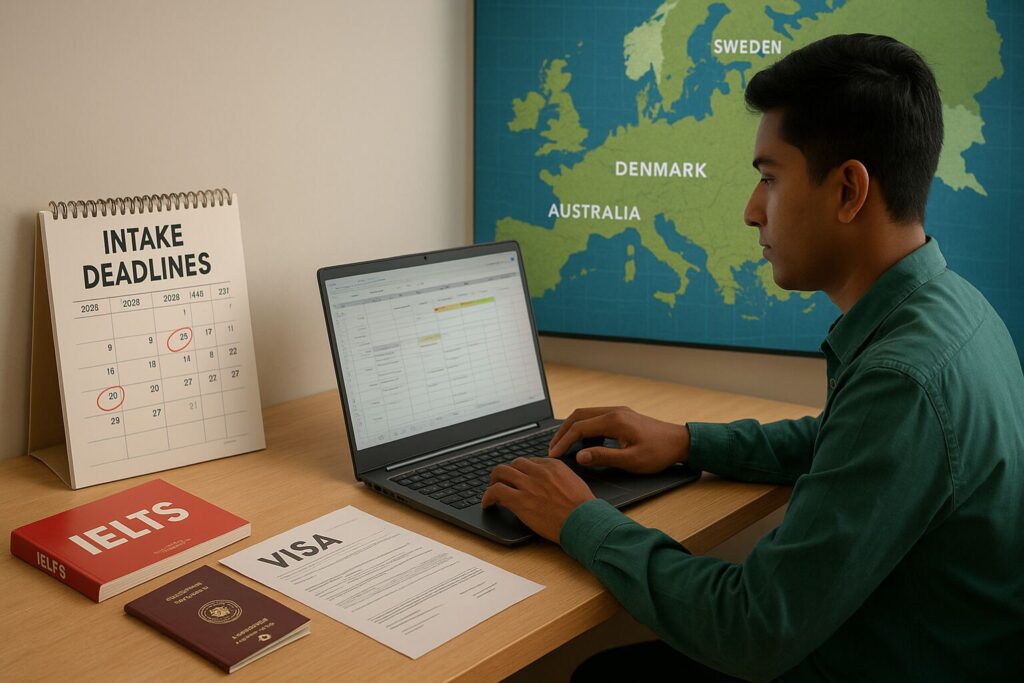 Bangladeshi student planning study abroad intake timeline with laptop, calendar deadlines, and visa documents on desk