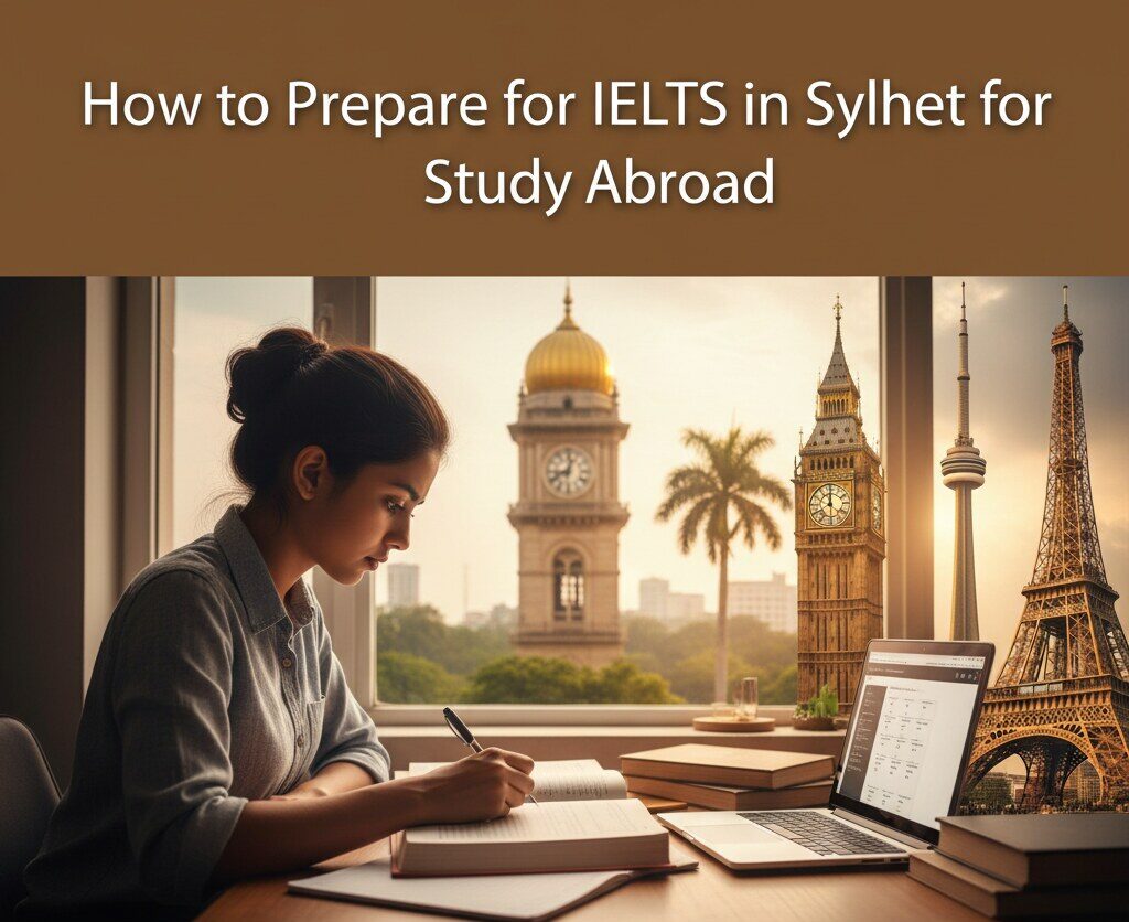 Bangladeshi student preparing for IELTS in Sylhet computer-based exam setup at British CouncilIDP centre, books and laptop open for study abroad planning