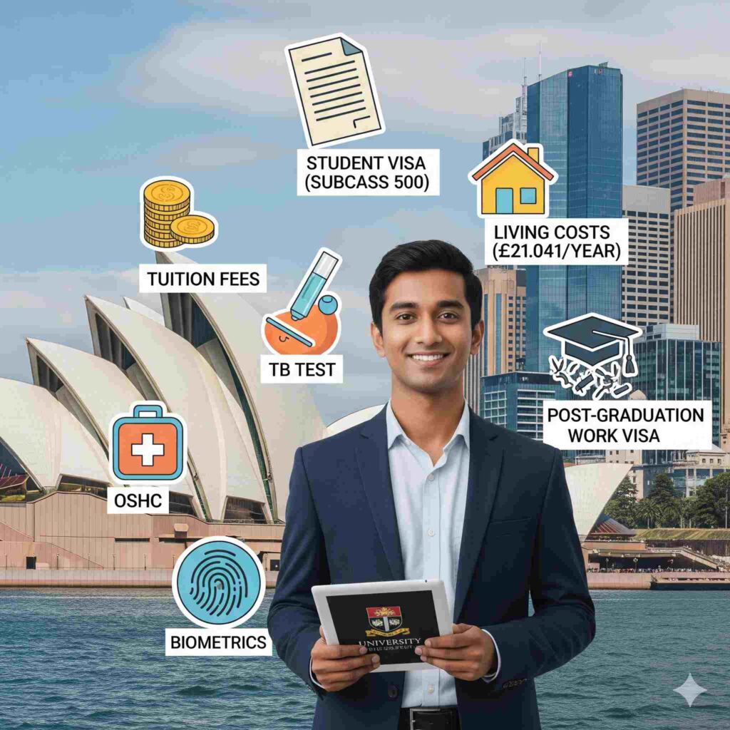 Bangladeshi student preparing for study in Australia; icons for student visa, CoE, funds proof, English proficiency, OSHC, and biometrics with Australian campus background