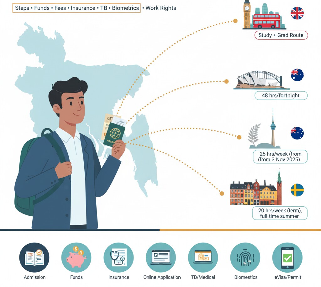Bangladeshi student visa 2025 step-by-step guide for UK, Australia, New Zealand, Denmark and Sweden showing funds, fees, timelines and VFS biometrics