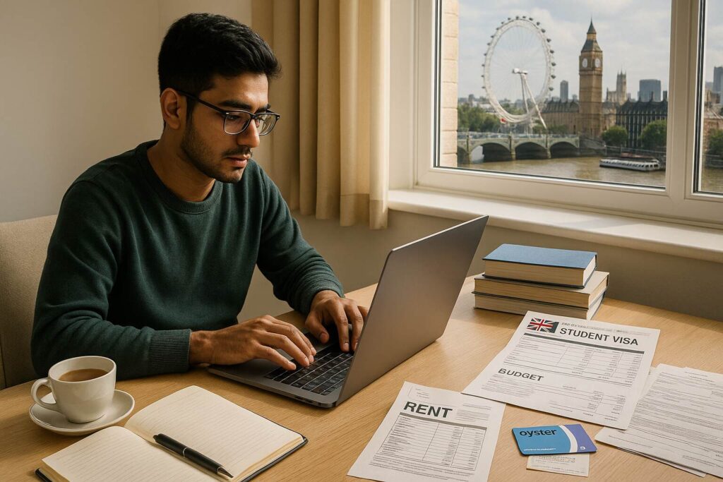 Bangladeshi student working in London flat, laptop and books visible, view of London skyline and study materials showing cost planning