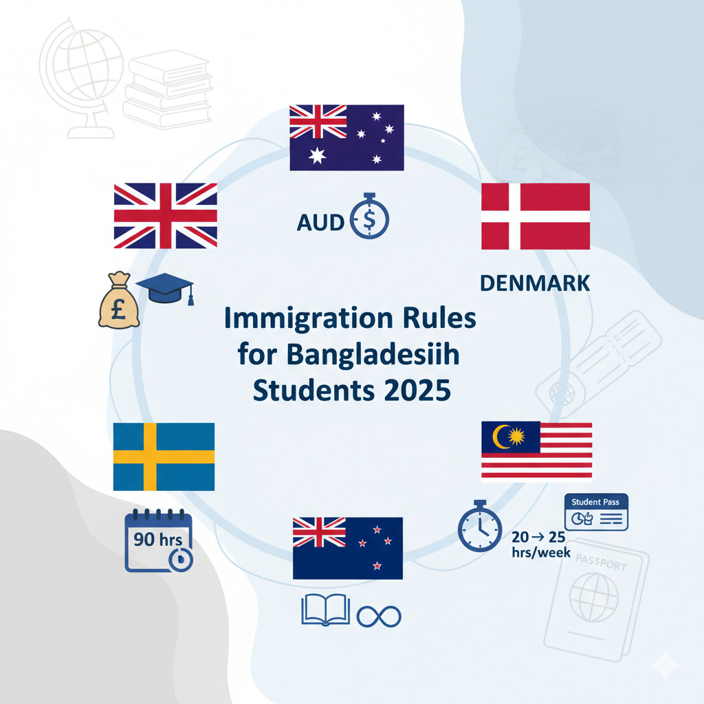 Immigration rules for Bangladeshi students in the UK, Australia, Denmark, Sweden, New Zealand, and Malaysia with work rights, funds, and visa details
