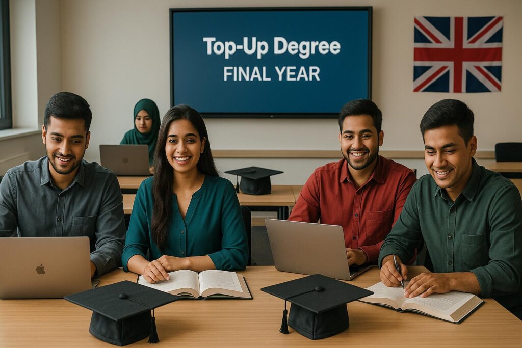 International students studying for a UK top-up degree in a modern university classroom, smiling, with graduation caps and books nearby.