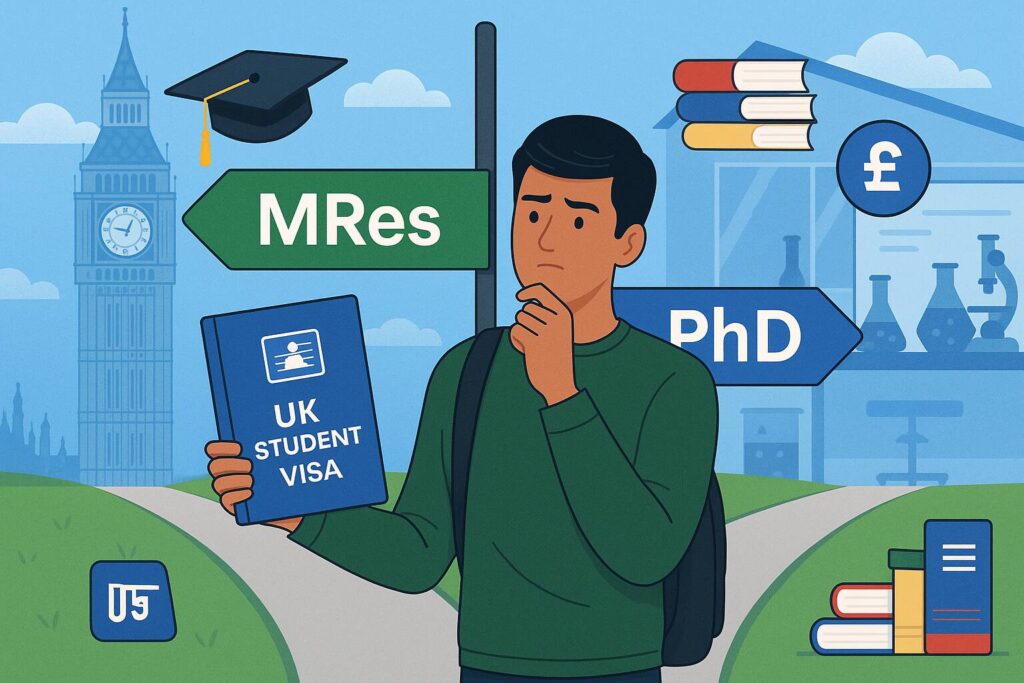 MRes vs PhD in the UK 2025 Guide for Bangladeshi students to choose the right research path, compare funding, visa options, and career outcomes.
