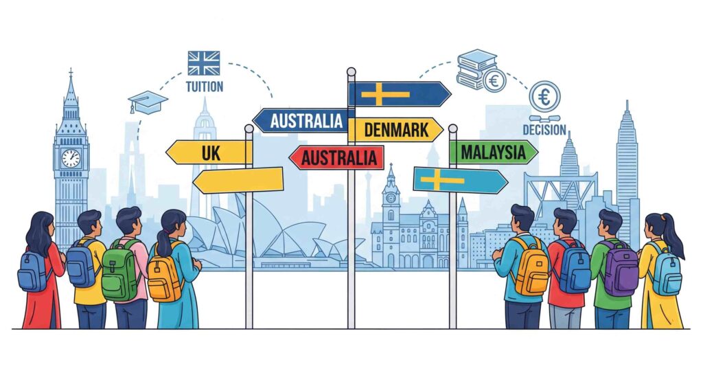Pros and cons of studying abroad in the UK, Australia, Denmark, Sweden, and Malaysia for Bangladeshi students. tuition fees, living costs, and work options compared.