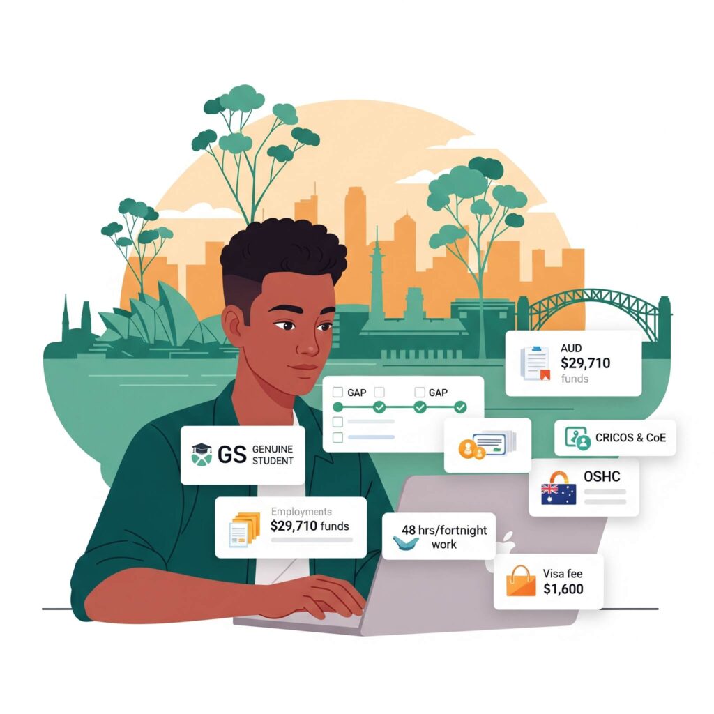 Student at Australian campus with gap timeline; icons for GS, OSHC, CRICOSCoE, funds AUD 29,710, and 48 hrsfortnight.