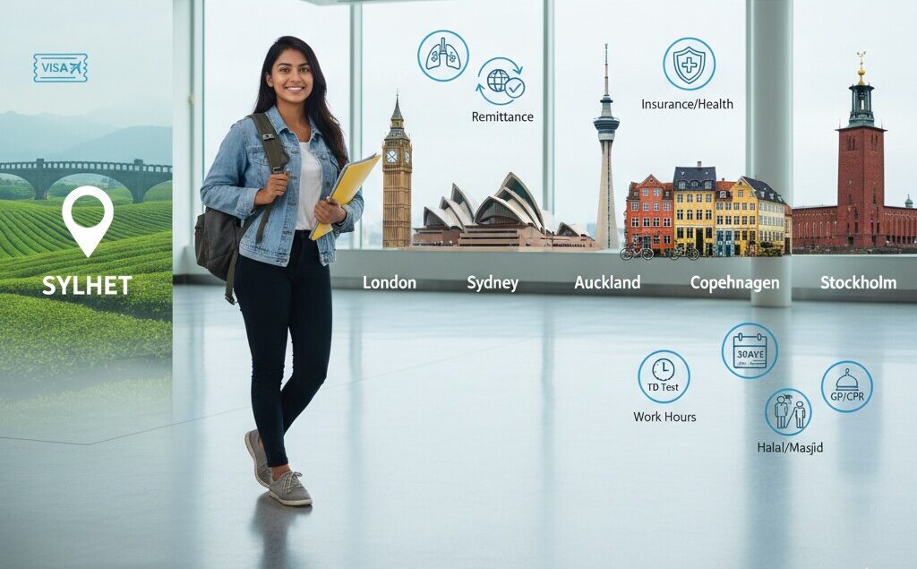 Sylhet student at airport heading abroad with UK, Australia, New Zealand, Denmark and Sweden landmarks, plus icons for TB test, funds, insurance, work hours and a 30-day plan