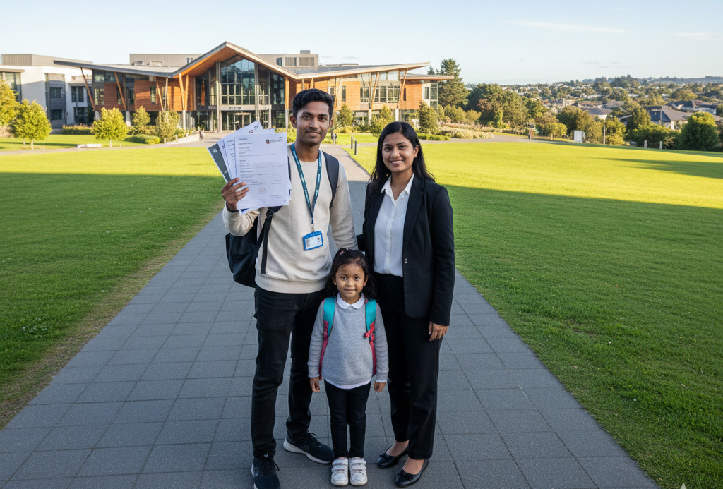 Bangladeshi student with spouse and child in New Zealand university campus